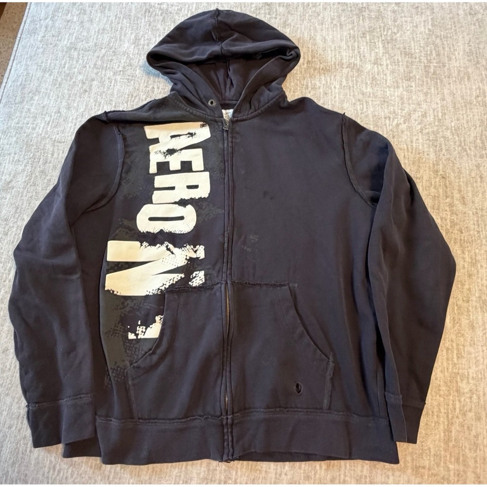 Aeropostale Mens Black Graphic Hoodie Distressed Logo Zip Sweatshirt Y2K